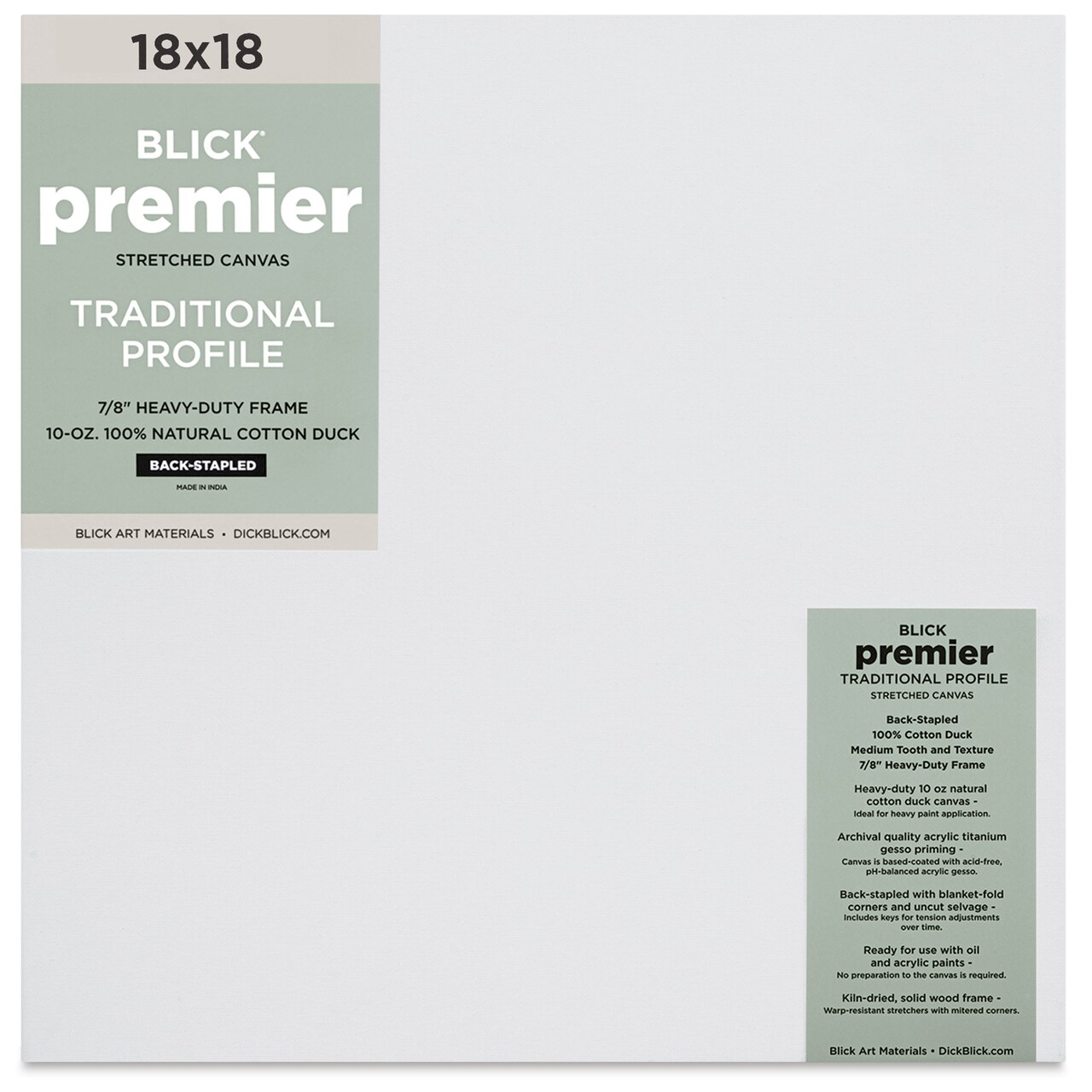 Blick Premier Stretched Cotton Canvas - Traditional Profile, Back-Stapled, 18" x 18"